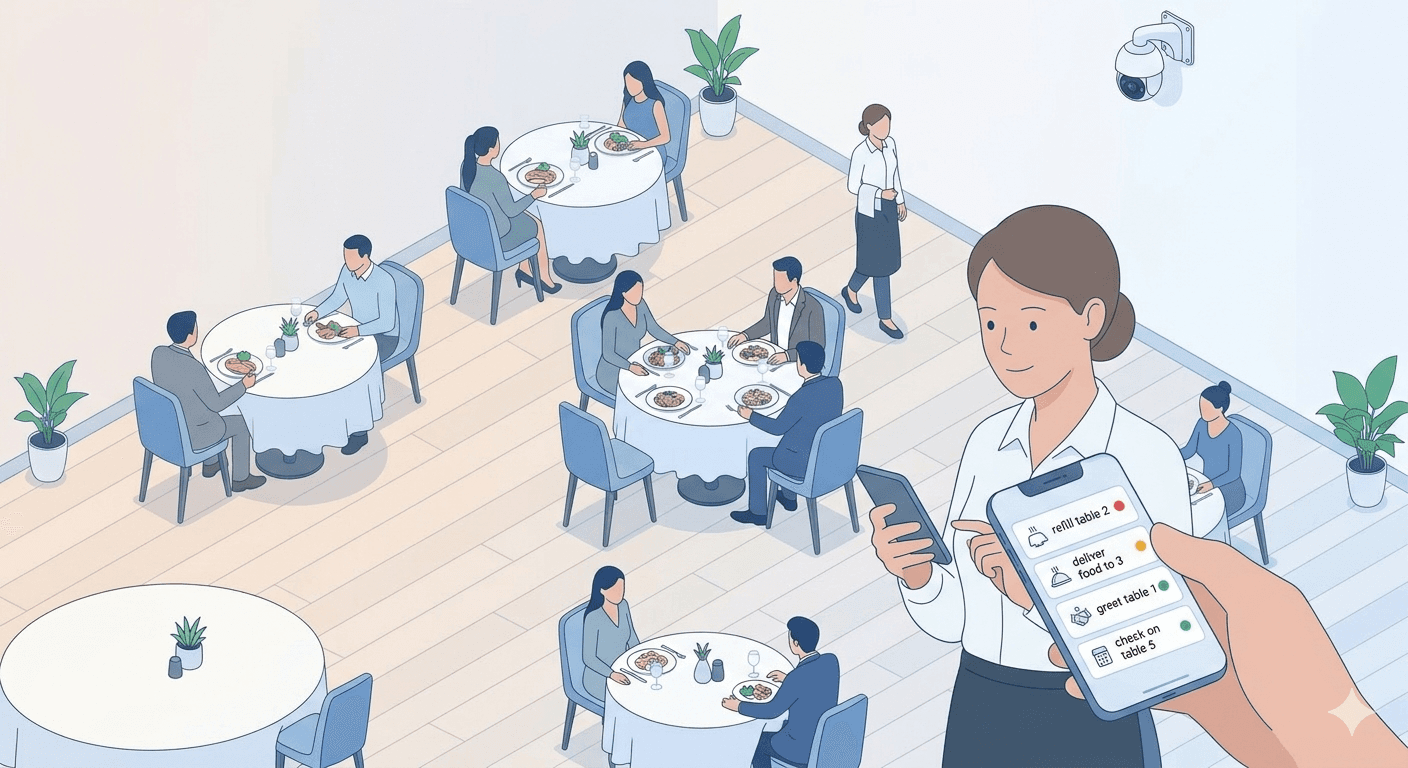 SmartServe waiter receiving real-time task guidance on a smartphone